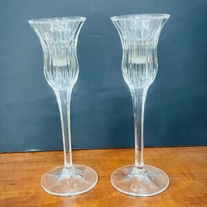 Pair Mikasa Icicle Crystal Clear Glass Candle Holders Fluted 8"